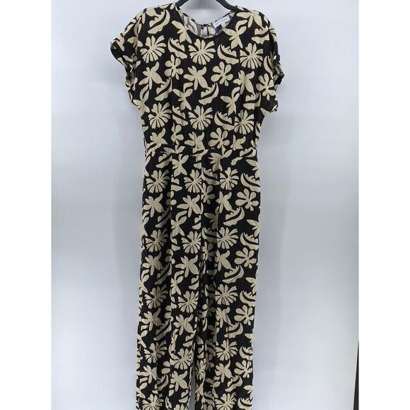 LOST & WONDER Women's Black-Beige Tropic Flair Printed Crewneck Jumpsuit SZ L - Picture 2 of 12